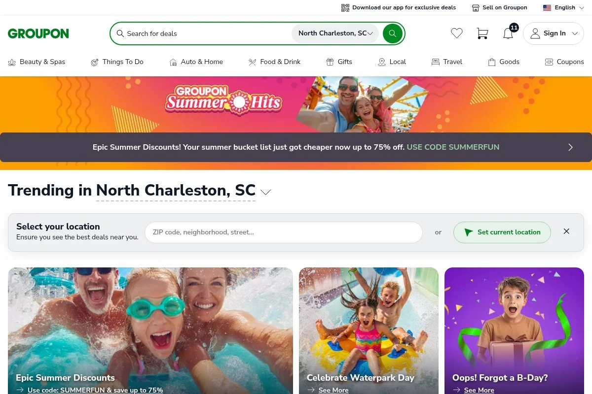 Screenshot of Groupon homepage
