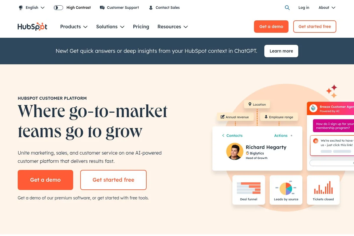 Screenshot of HubSpot homepage