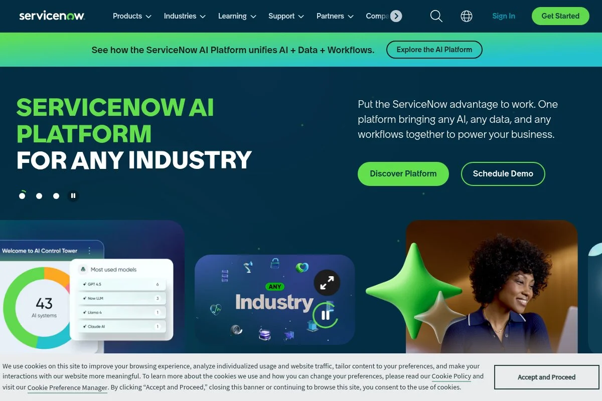 Screenshot of ServiceNow homepage