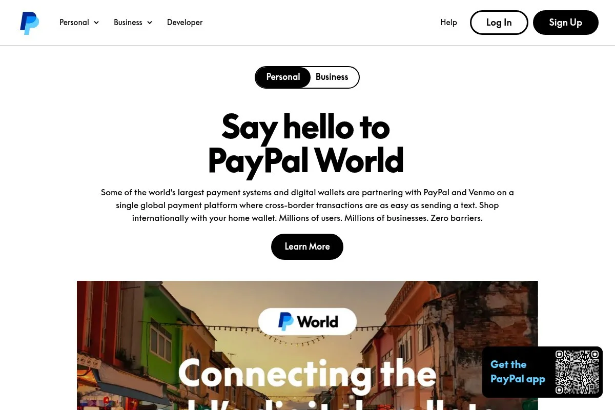 Screenshot of PayPal homepage