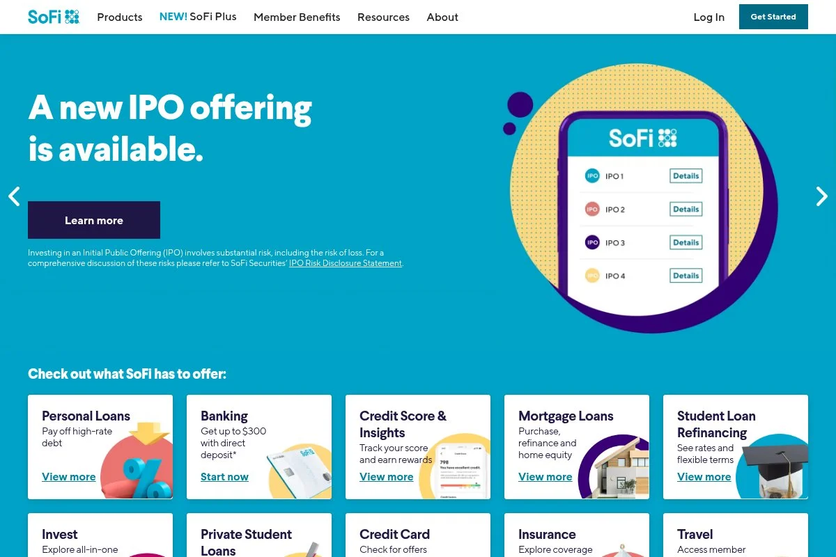 Screenshot of SoFi homepage
