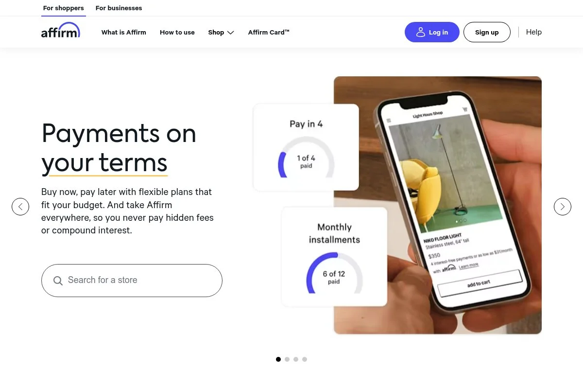Screenshot of Affirm homepage