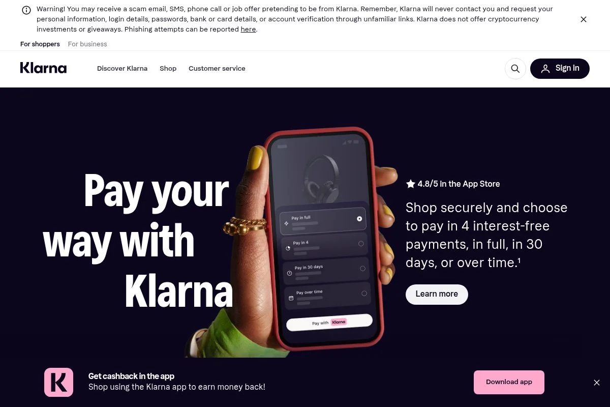 Screenshot of Klarna homepage