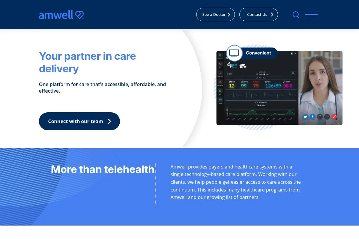 Screenshot of Amwell homepage