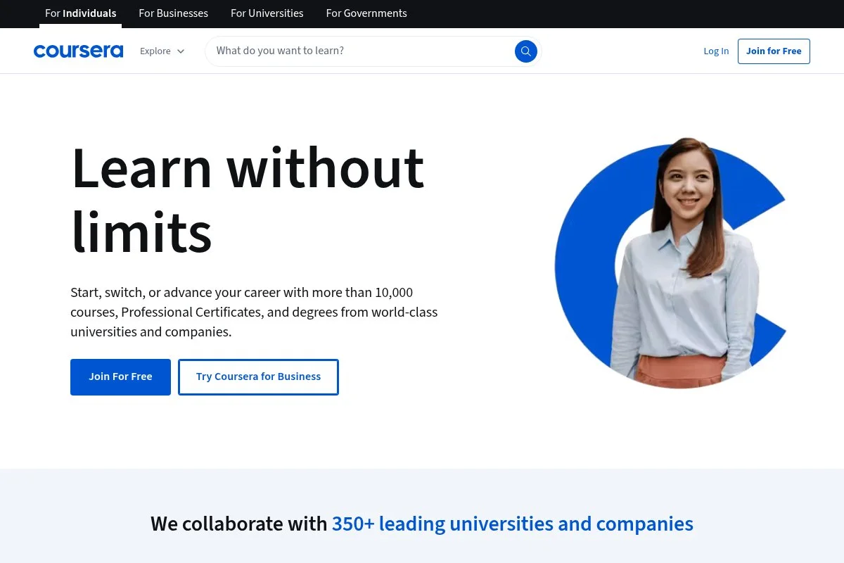 Screenshot of Coursera homepage