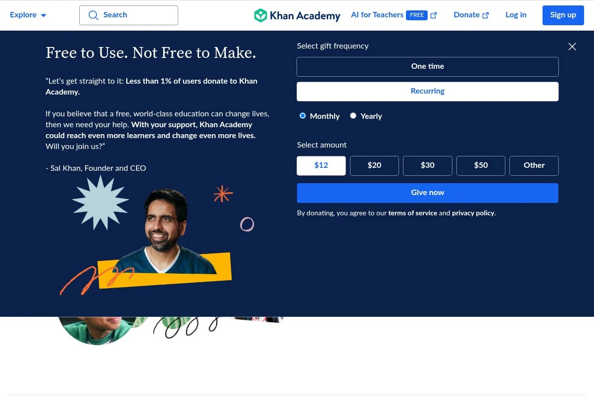 Screenshot of Khan Academy homepage