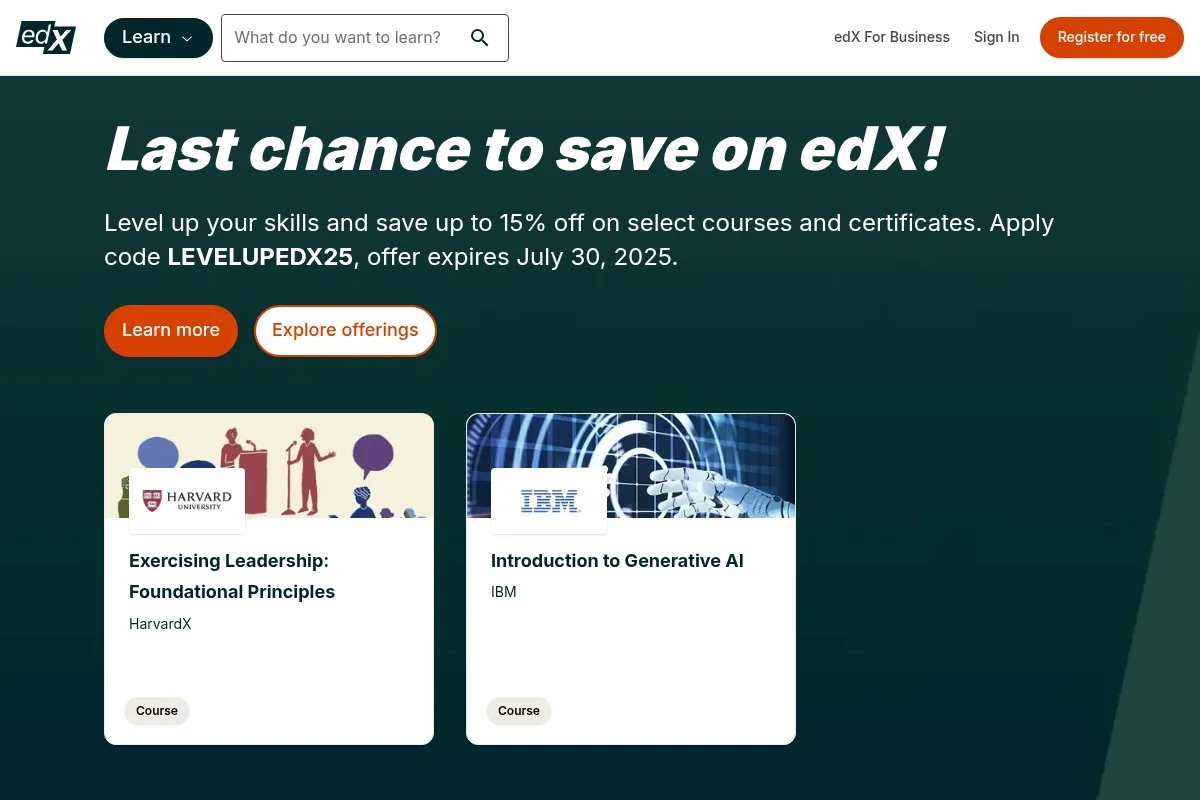 Screenshot of edX homepage
