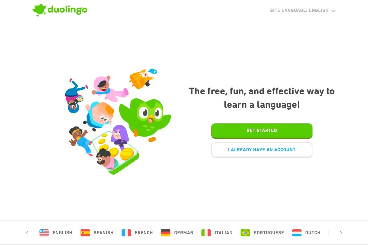 Screenshot of Duolingo homepage