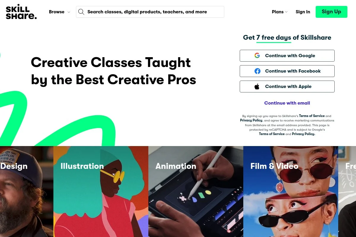 Screenshot of Skillshare homepage