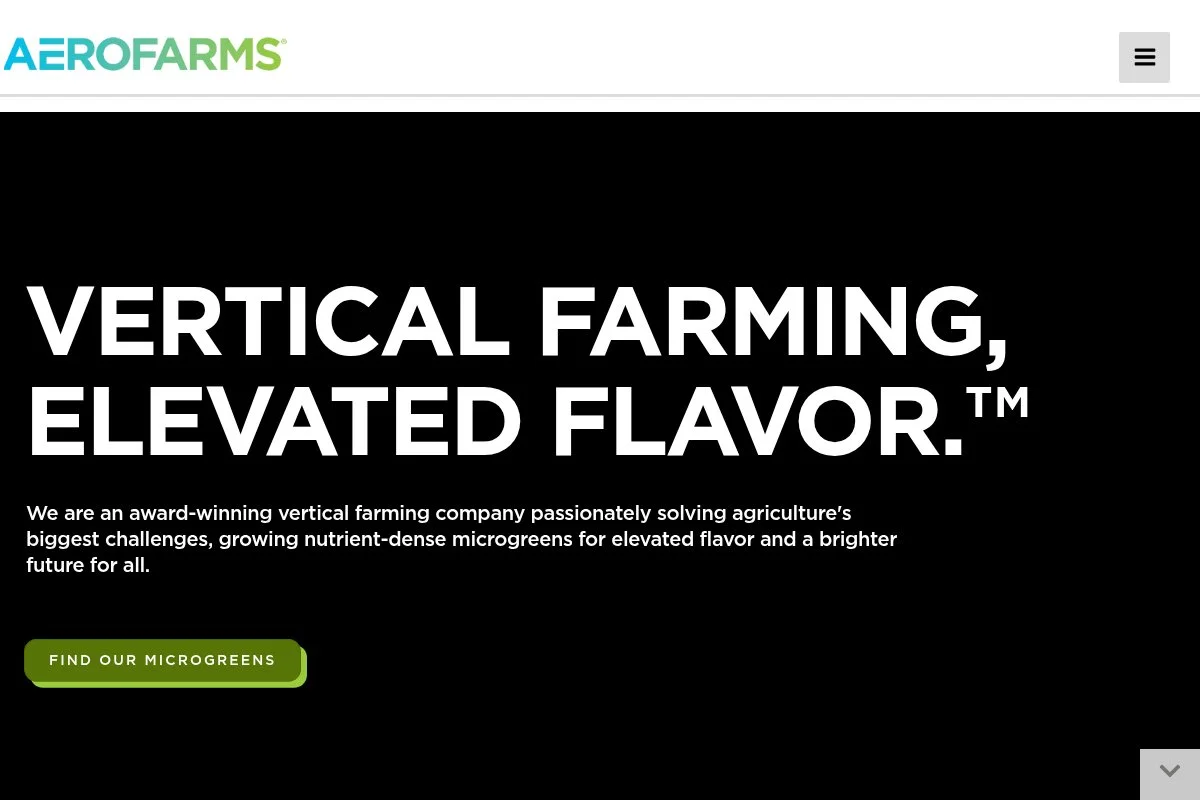 Screenshot of AeroFarms homepage