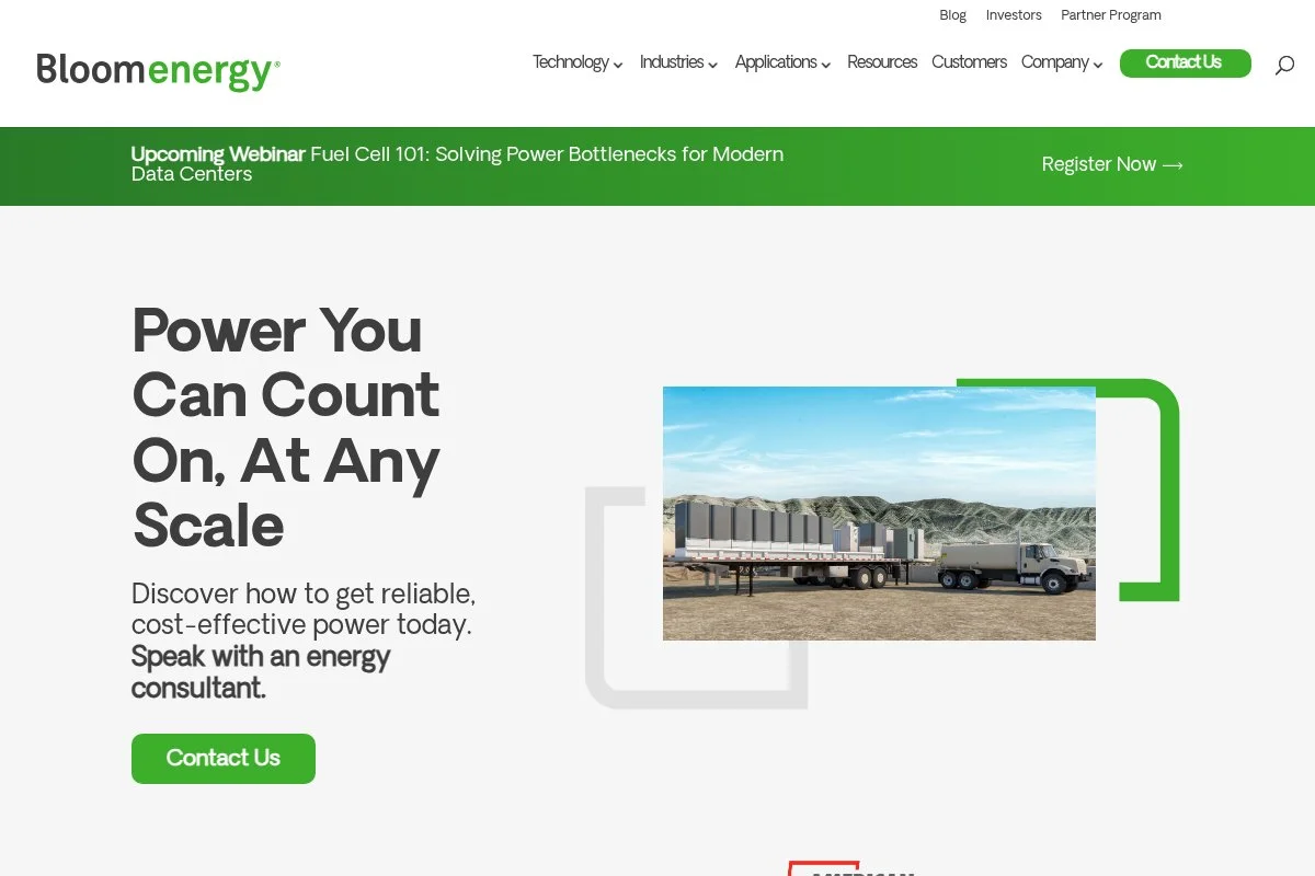 Screenshot of Bloom Energy homepage