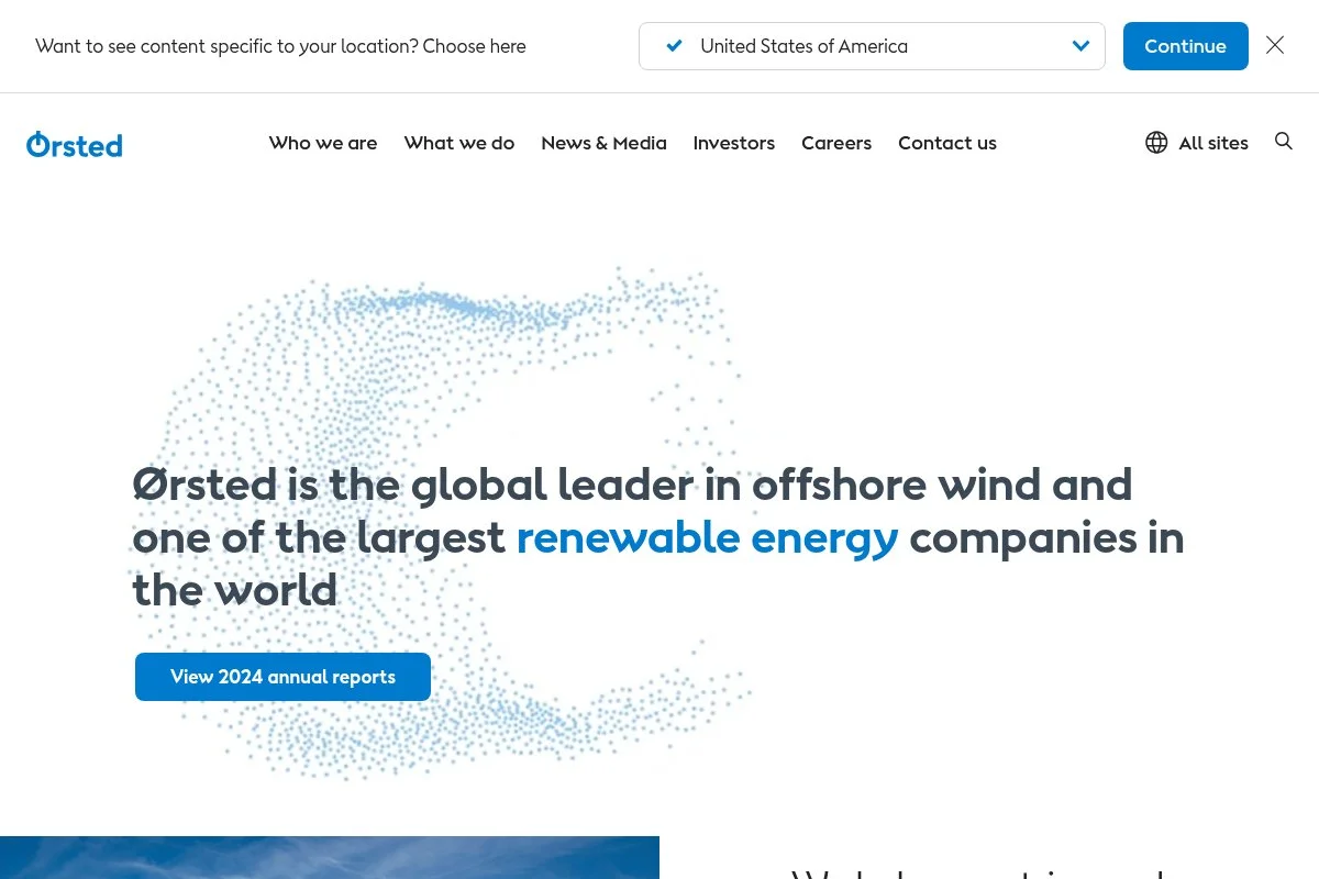 Screenshot of Ørsted homepage