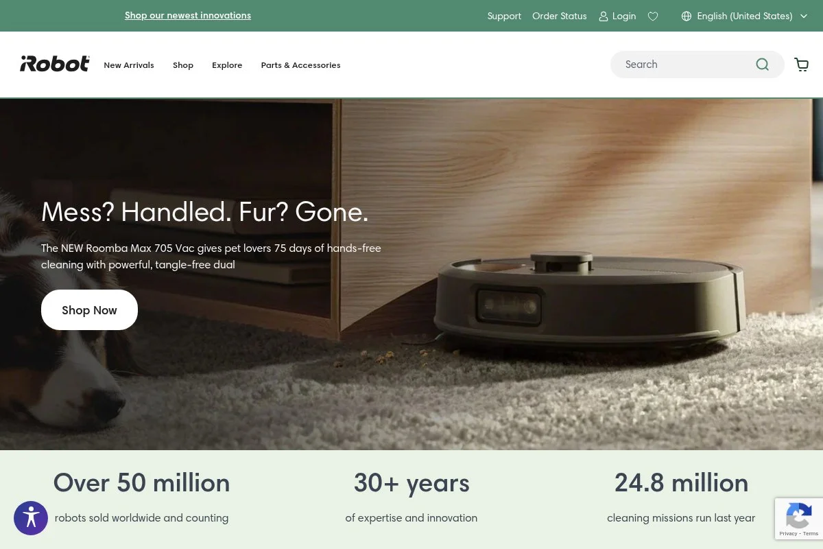Screenshot of iRobot homepage
