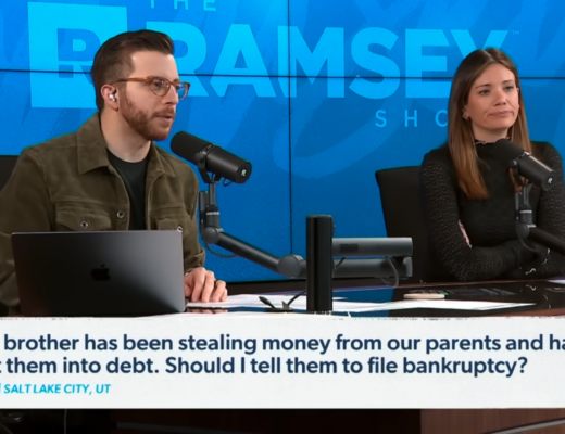 Image of The Ramsey Show Highlights Youtube channel host speaking with talk show guest; family financial abuse