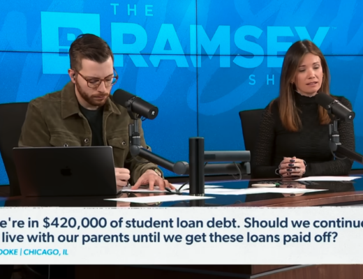 Image of The Ramsey Show Highlights Youtube channel host speaking with talk show guest; kill debt first