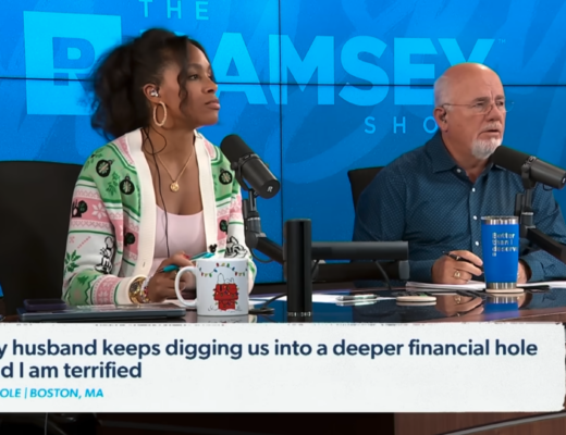 Image of The Ramsey Show Highlights Youtube channel host speaking with talk show guest; reckless debt in marriage