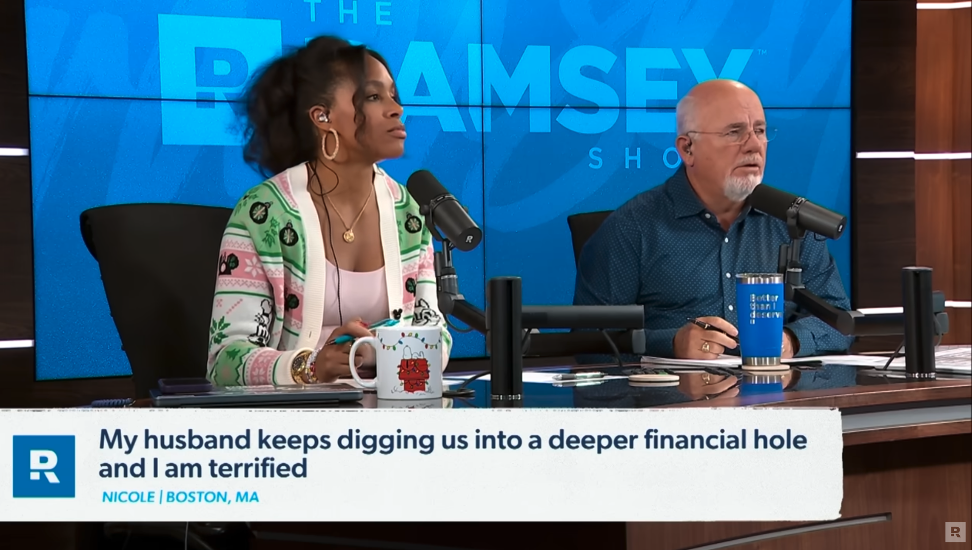 Image of The Ramsey Show Highlights Youtube channel host speaking with talk show guest; reckless debt in marriage