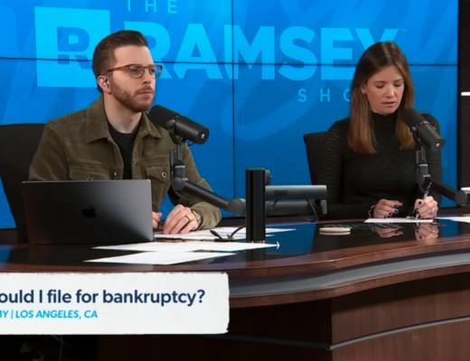 Image of The Ramsey Show Highlights Youtube channel host speaking with talk show guest; sinking money failing businesses