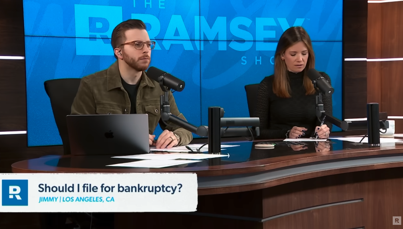 Image of The Ramsey Show Highlights Youtube channel host speaking with talk show guest; sinking money failing businesses