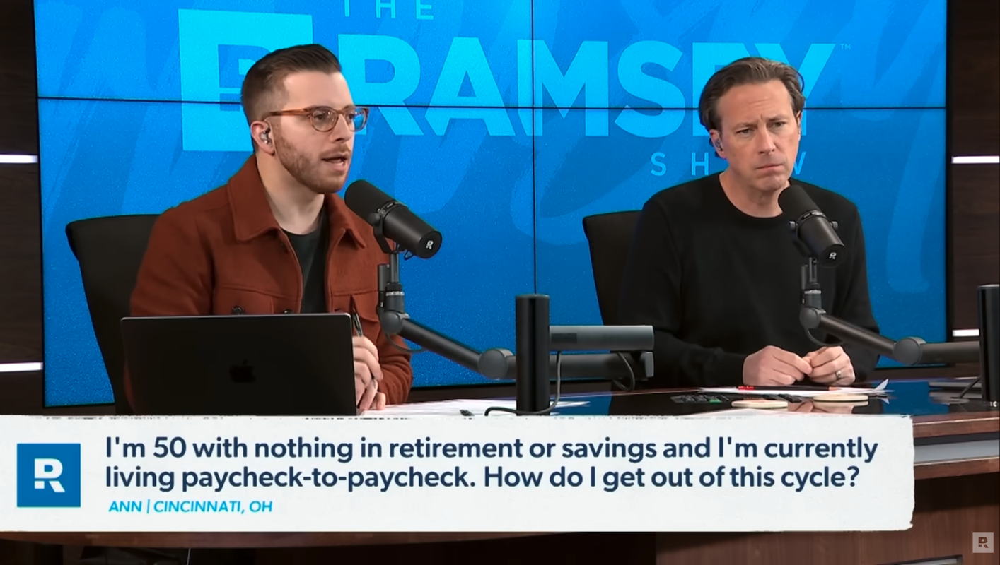 Image of The Ramsey Show Highlights Youtube channel hosts speaking with talk show guest; win with money