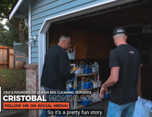 Image of UpFlip Youtube channel episode snapshot introducing featured guest business owner; building cleaning business