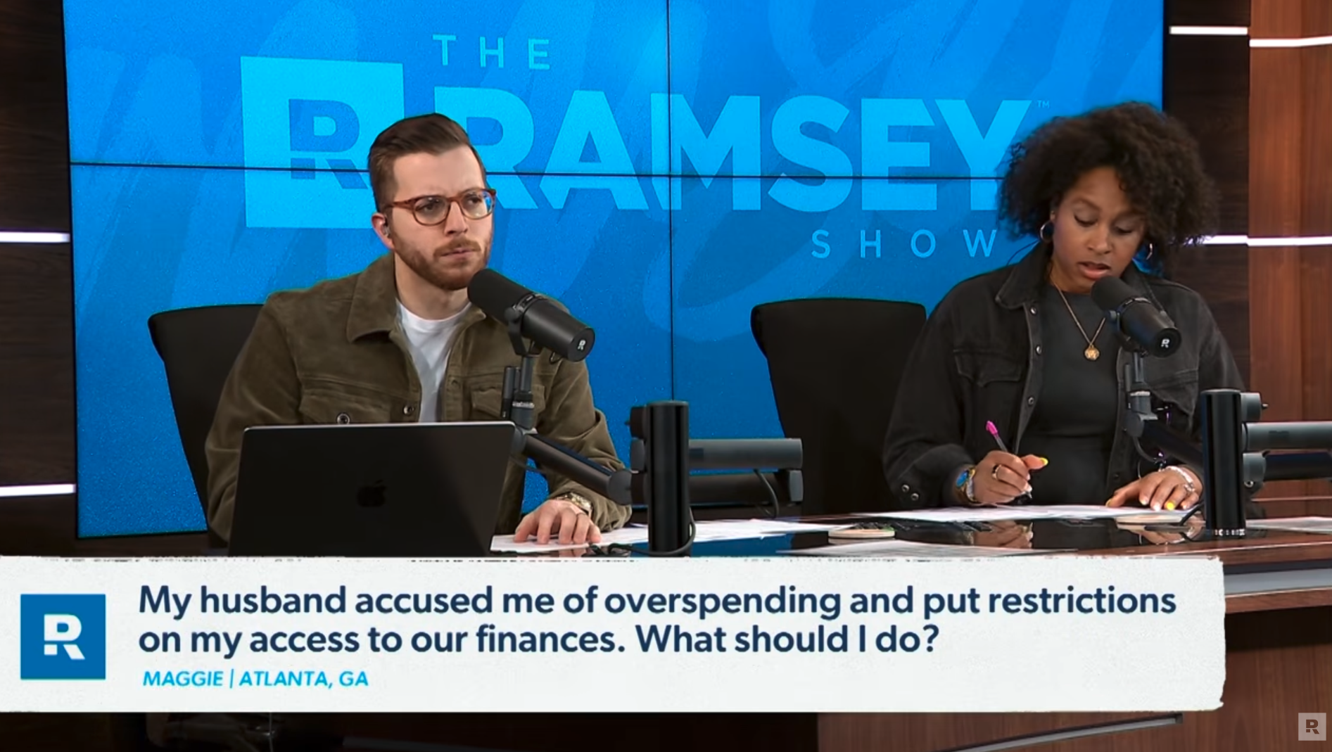 Image of The Ramsey Show Highlights Youtube channel hosts speaking; financial control abuse