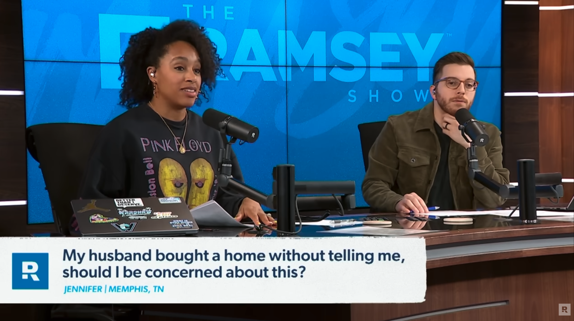 Image of The Ramsey Show Highlights Youtube channel hosts speaking with talk show guest; financial infidelity