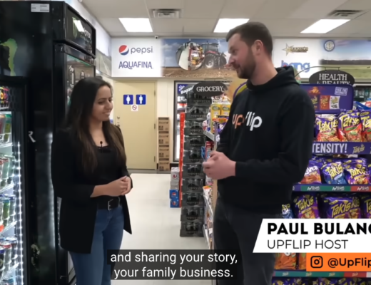 Image of UpFlip Youtube channel host introducing his featured guest; revenue in gas stations