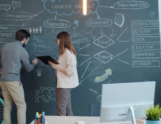 Two people brainstorming on a chalkboard wall; scaling ai startups