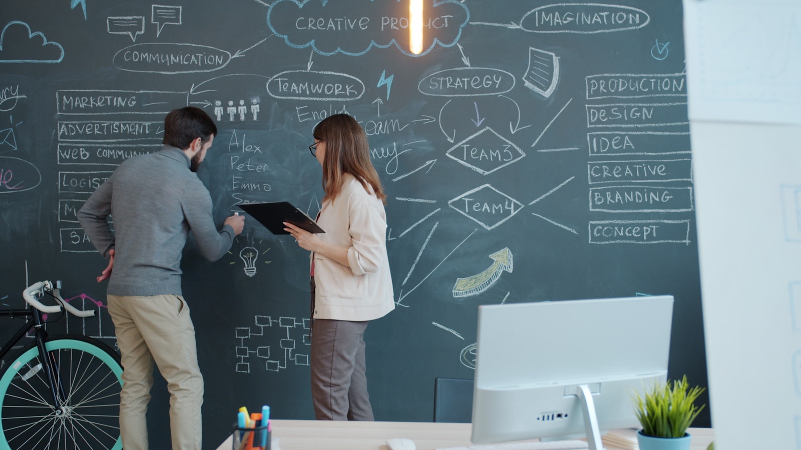 Two people brainstorming on a chalkboard wall; scaling ai startups